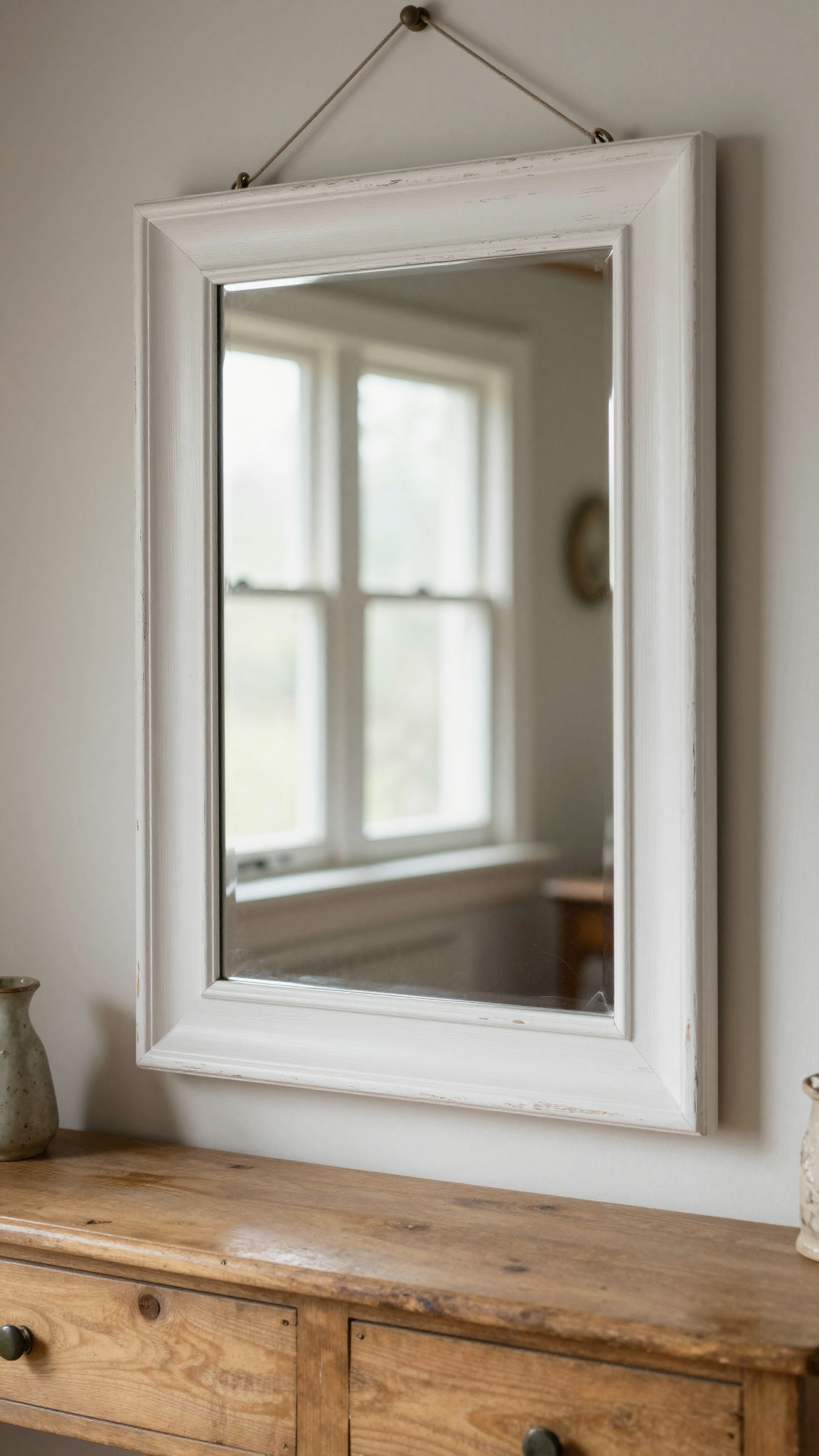 Vintage-inspired mirror with distressed white frame hanging above a dresser