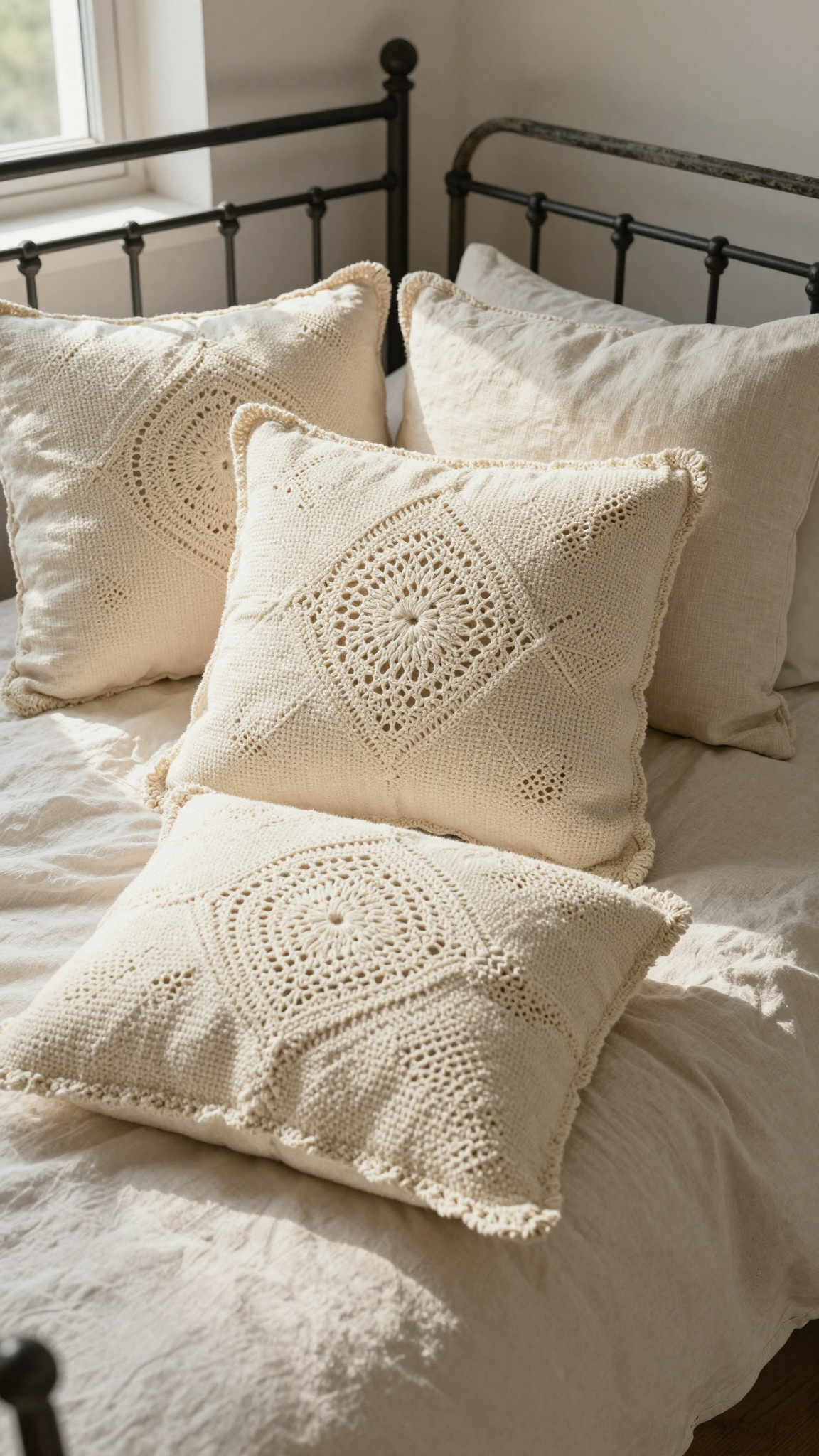 Crochet throw pillow covers in cream on a wrought-iron bed