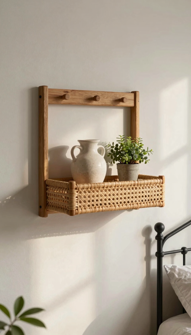 Woven wooden bedside shelf mounted on the wall next to a wrought-iron bed