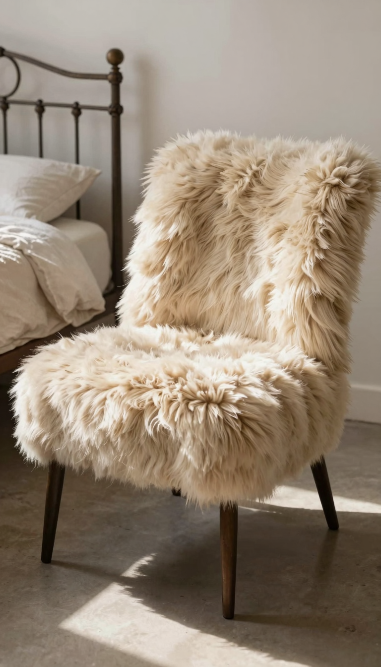 Faux fur accent chair in creamy beige next to a wrought-iron bed