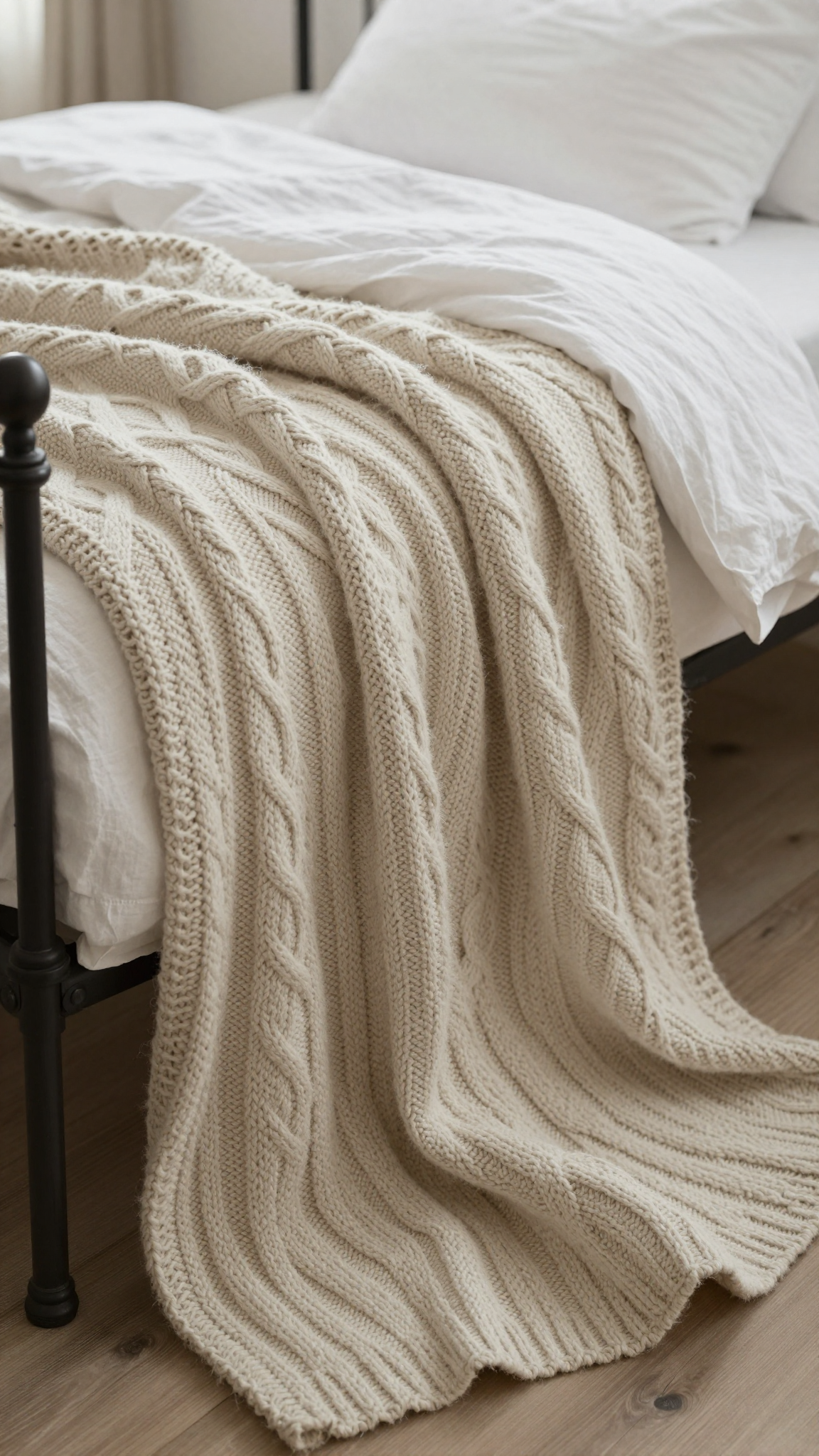 Chunky cable-knit throw blanket draped over a wrought-iron bed