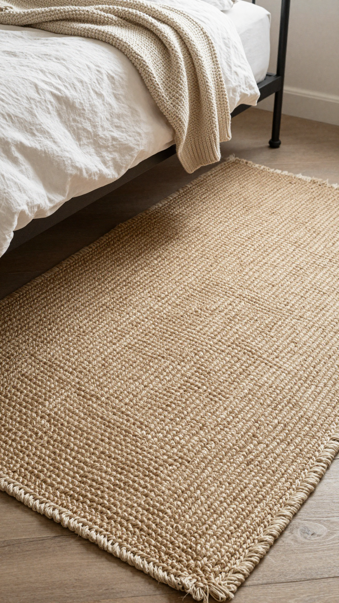 Braided jute rug under a wrought-iron bed in a cozy cottage bedroom