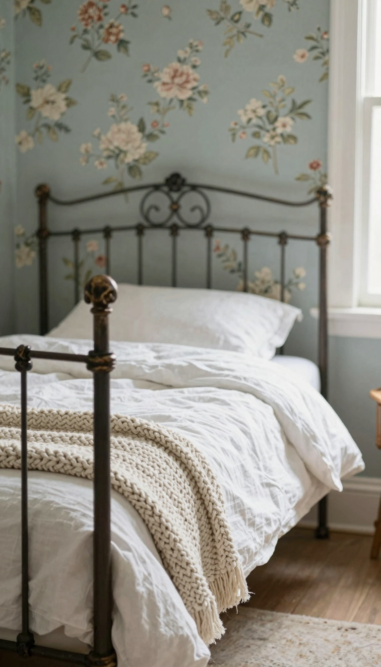 Wrought-iron bed frame with scrollwork details in a cottage bedroom