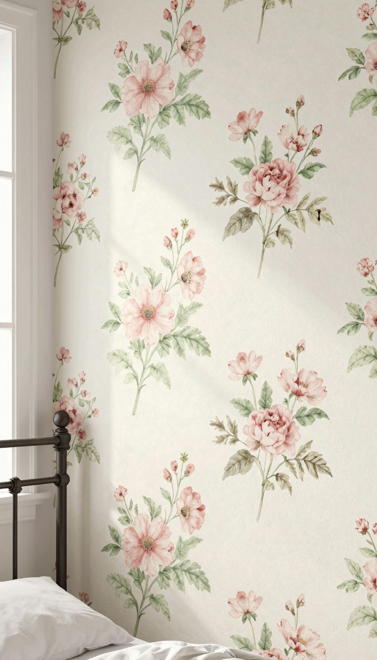 Peel-and-stick floral wallpaper in soft pinks and greens behind a wrought-iron bed