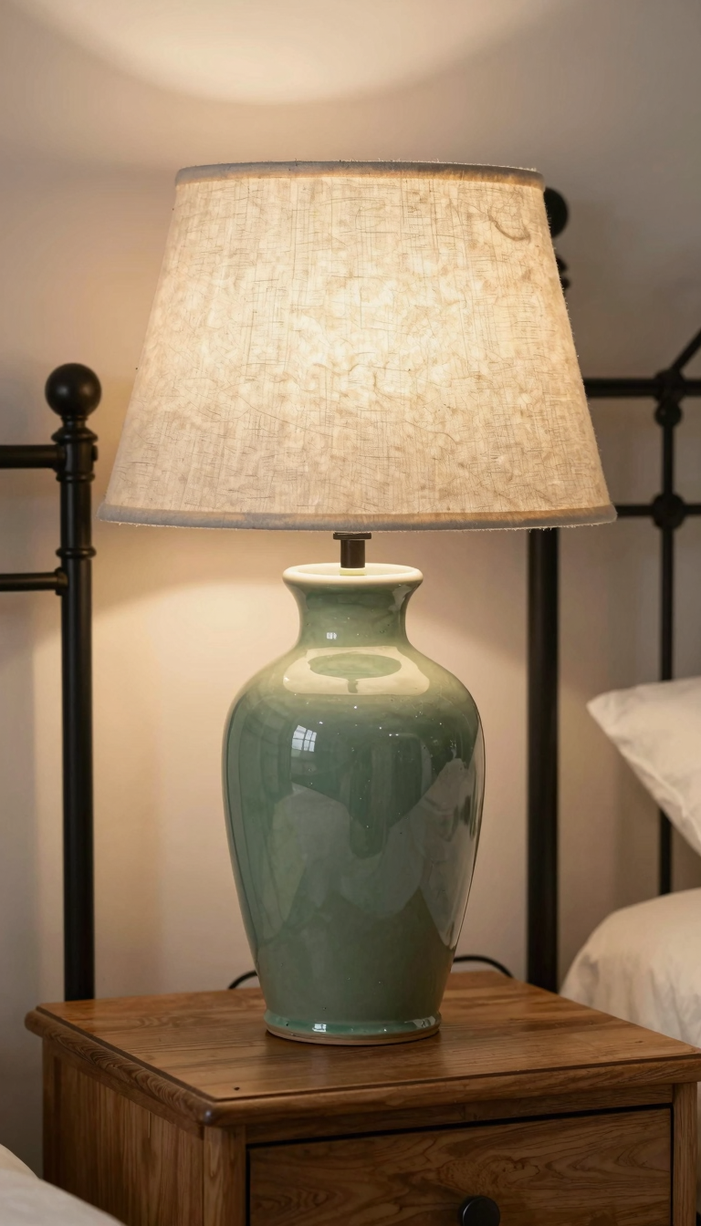 Ceramic table lamp with linen shade on a wooden nightstand