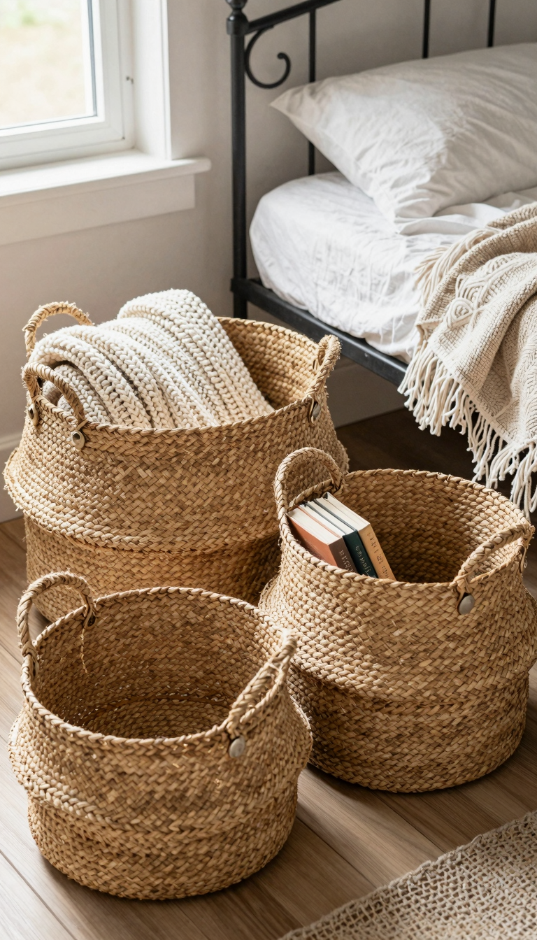 Woven storage baskets in natural seagrass holding blankets and books