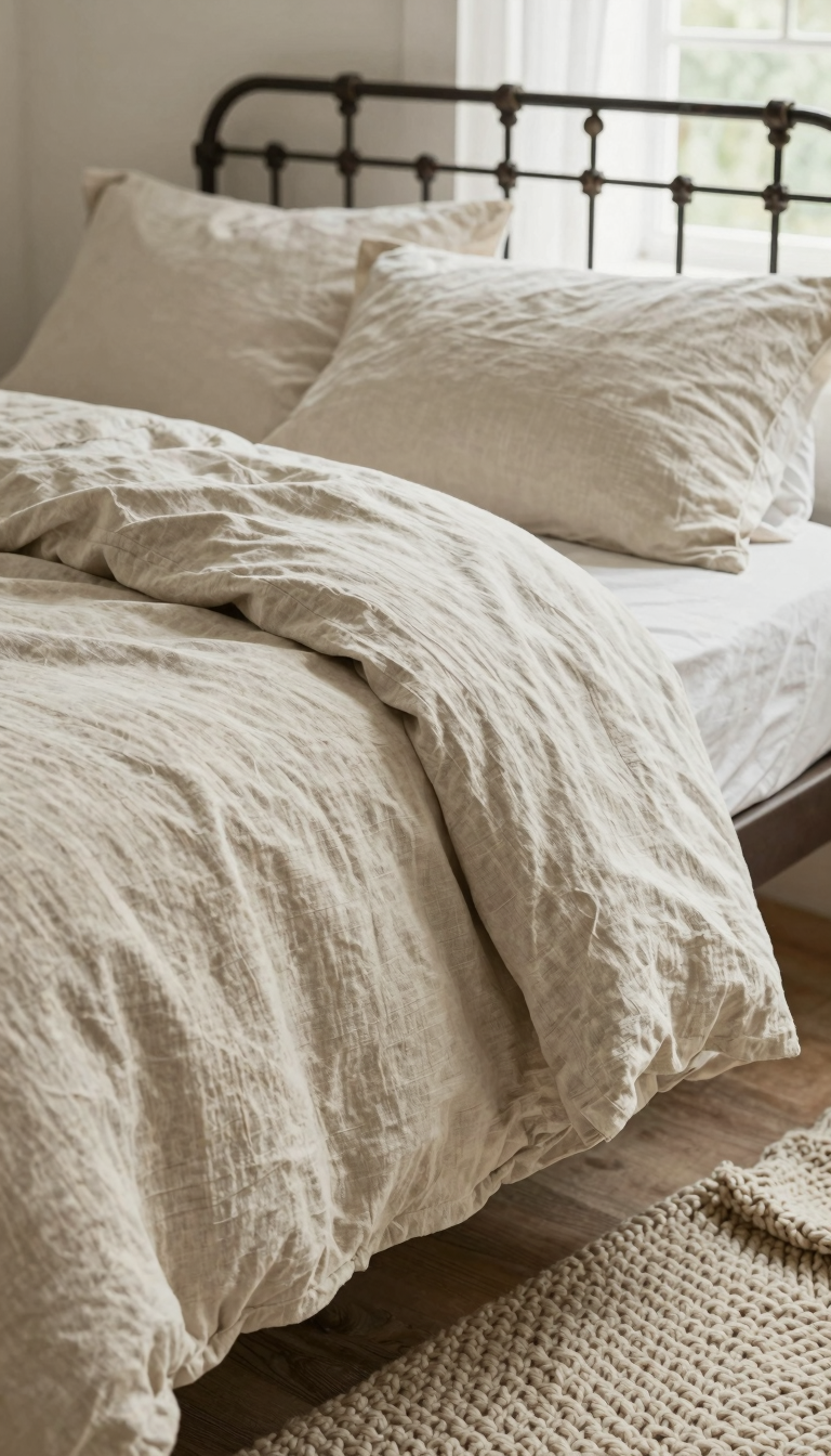 Linen duvet cover set in oatmeal draped over a wrought-iron bed