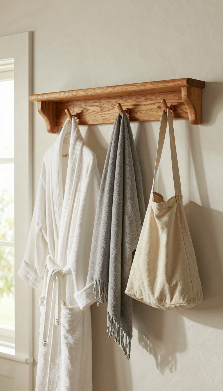 Wooden peg rail with robes and scarves hanging above a closet door