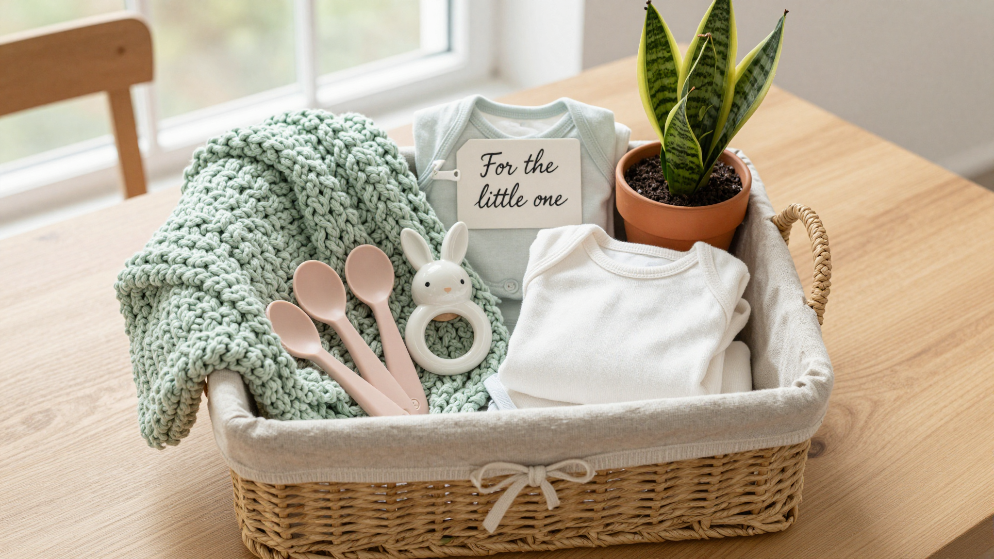 A cozy baby shower gift basket filled with pastel baby essentials on a light oak table with soft natural lighting