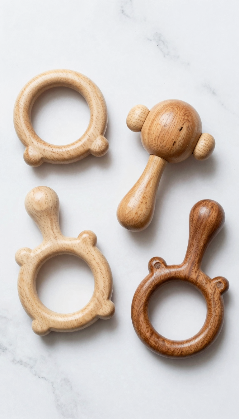 Three wooden baby rattles in natural colors arranged on a white marble surface