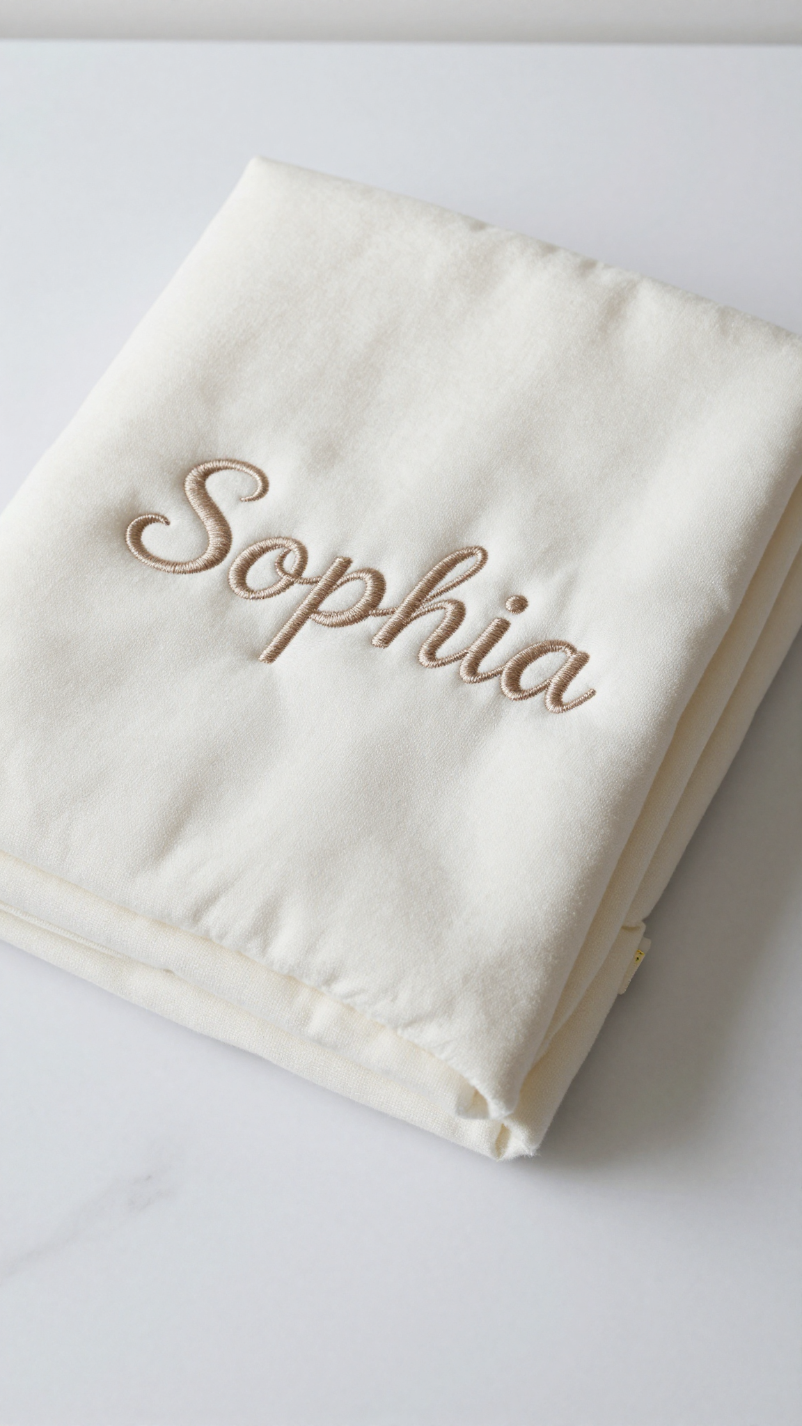 A personalized baby name blanket with the name 'Sophia' embroidered in cursive on soft cotton fabric