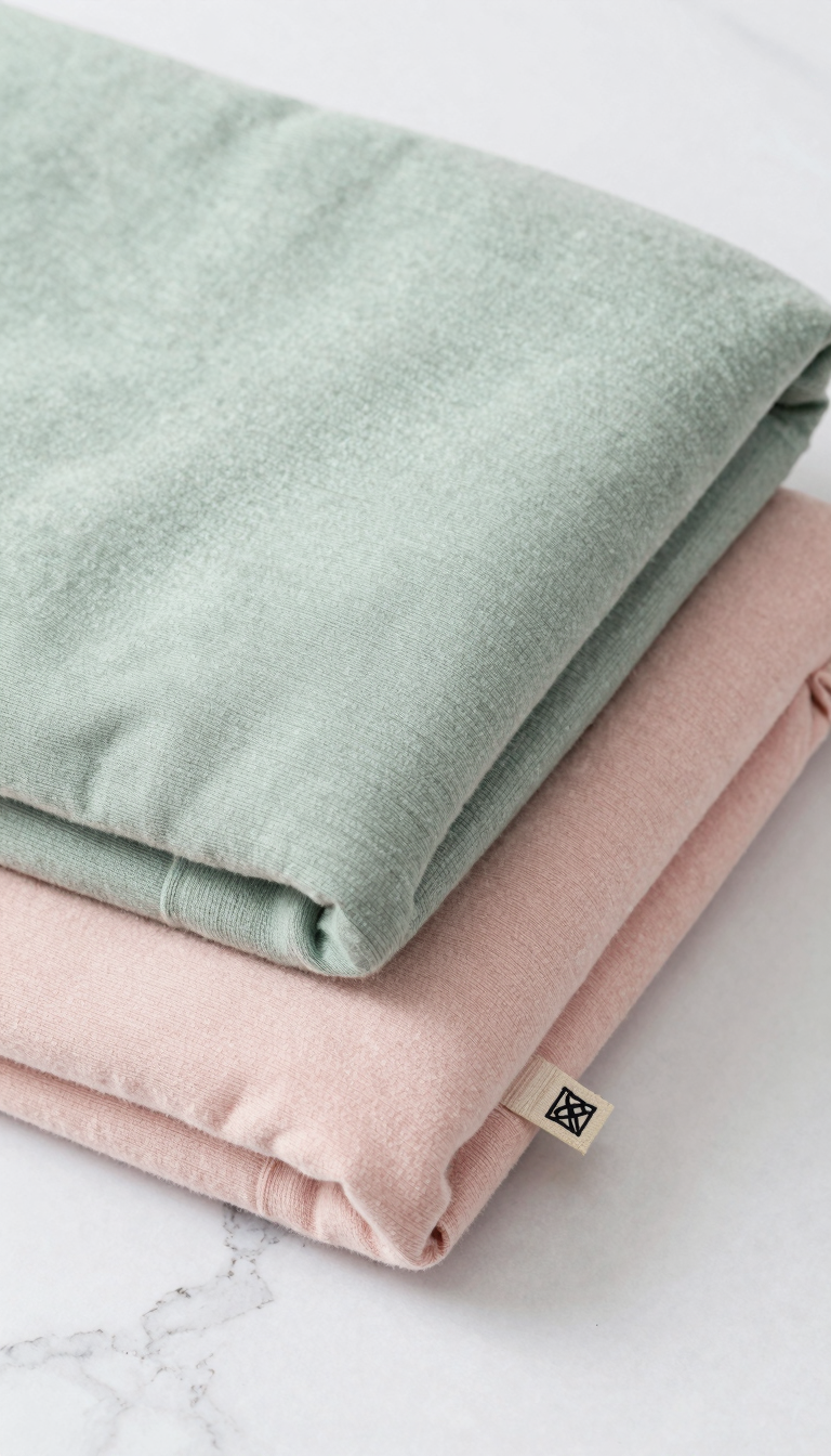 Two chunky knit swaddle blankets in sage green and blush pink, folded on a white marble surface