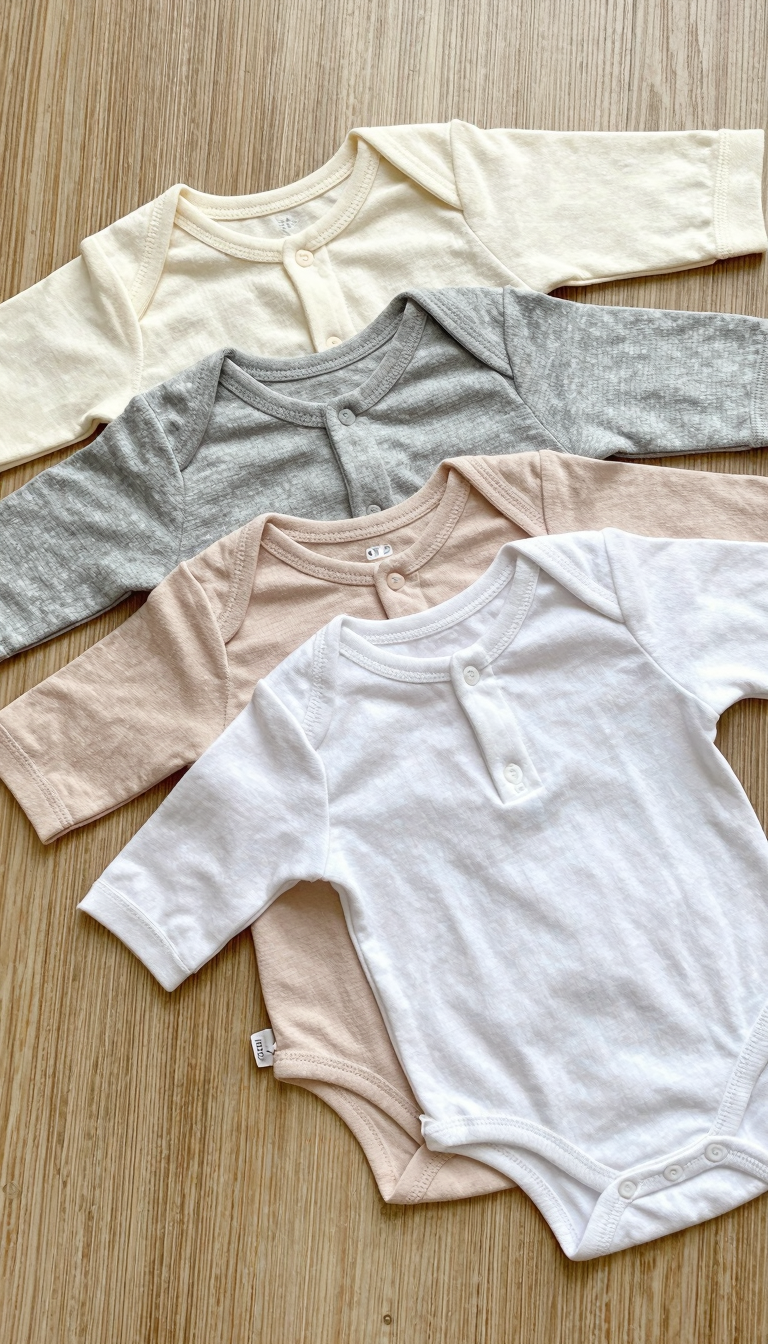Five organic cotton baby onesies in neutral colors stacked on a light oak surface