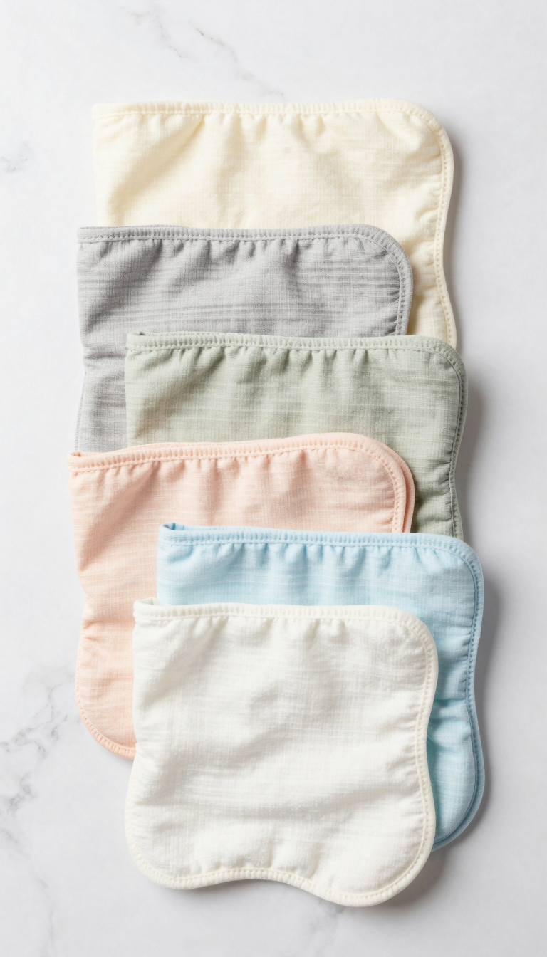 Six bamboo burp cloths in neutral and pastel colors folded and stacked on a white marble surface