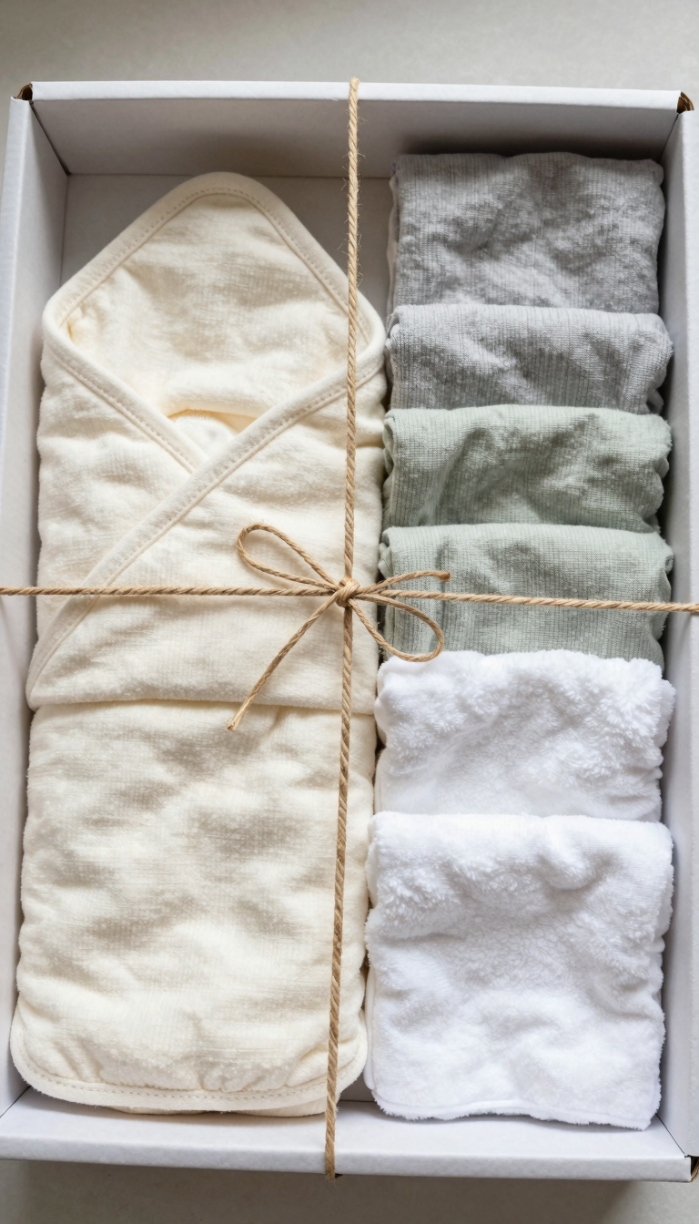 A bamboo baby gift set with swaddle, burp cloths, and washcloths in neutral colors in a white cardboard box with a twine bow
