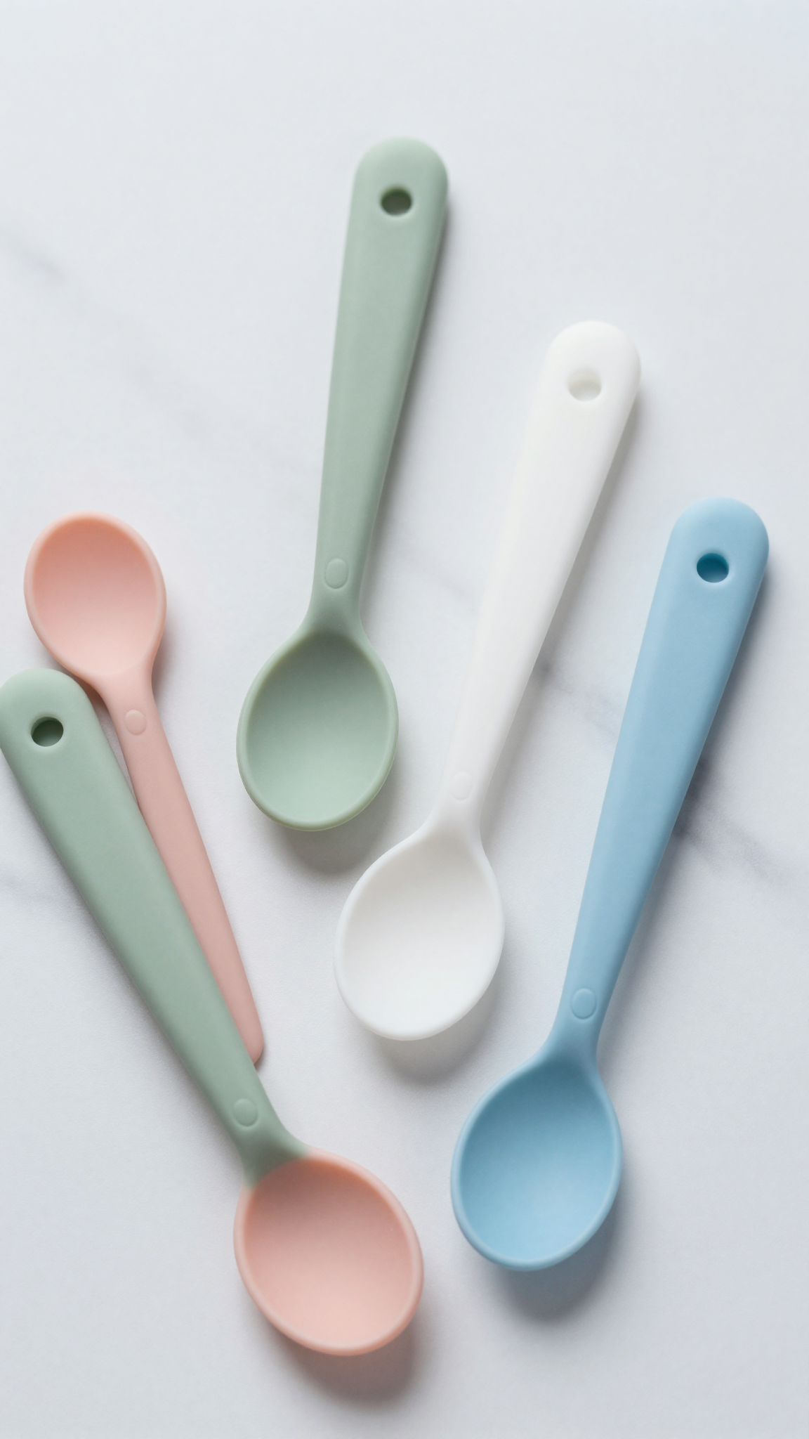 Four silicone baby spoons in pastel colors arranged on a white marble surface