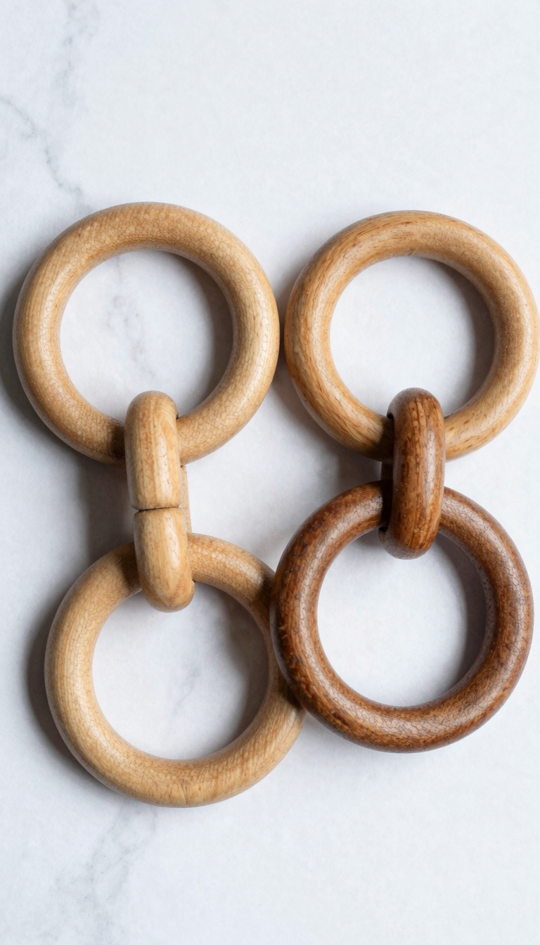 Three wooden teething rings in natural colors arranged on a white marble surface