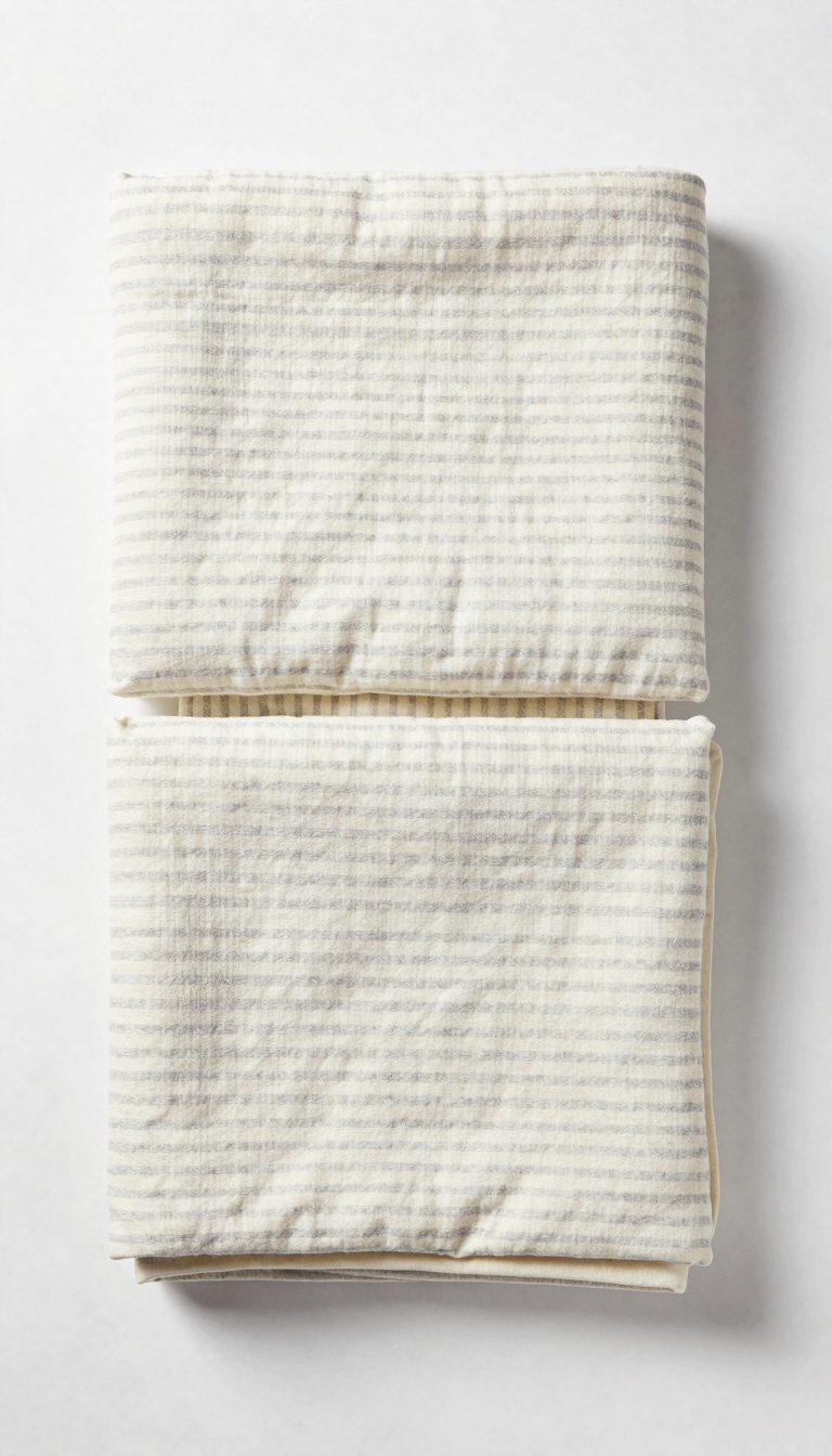 Two organic cotton receiving blankets in neutral colors with a subtle striped pattern folded on a white marble surface