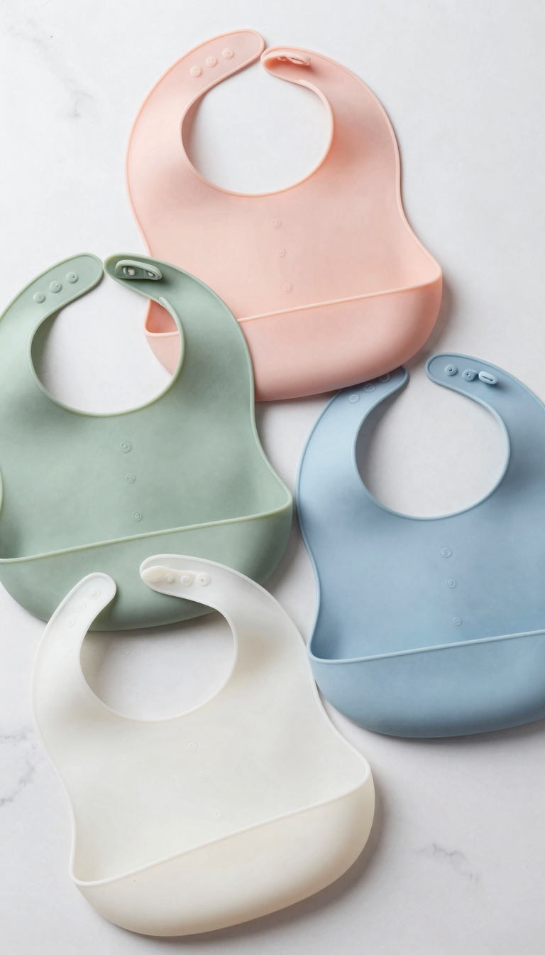 Four silicone bibs in pastel colors arranged on a white marble surface