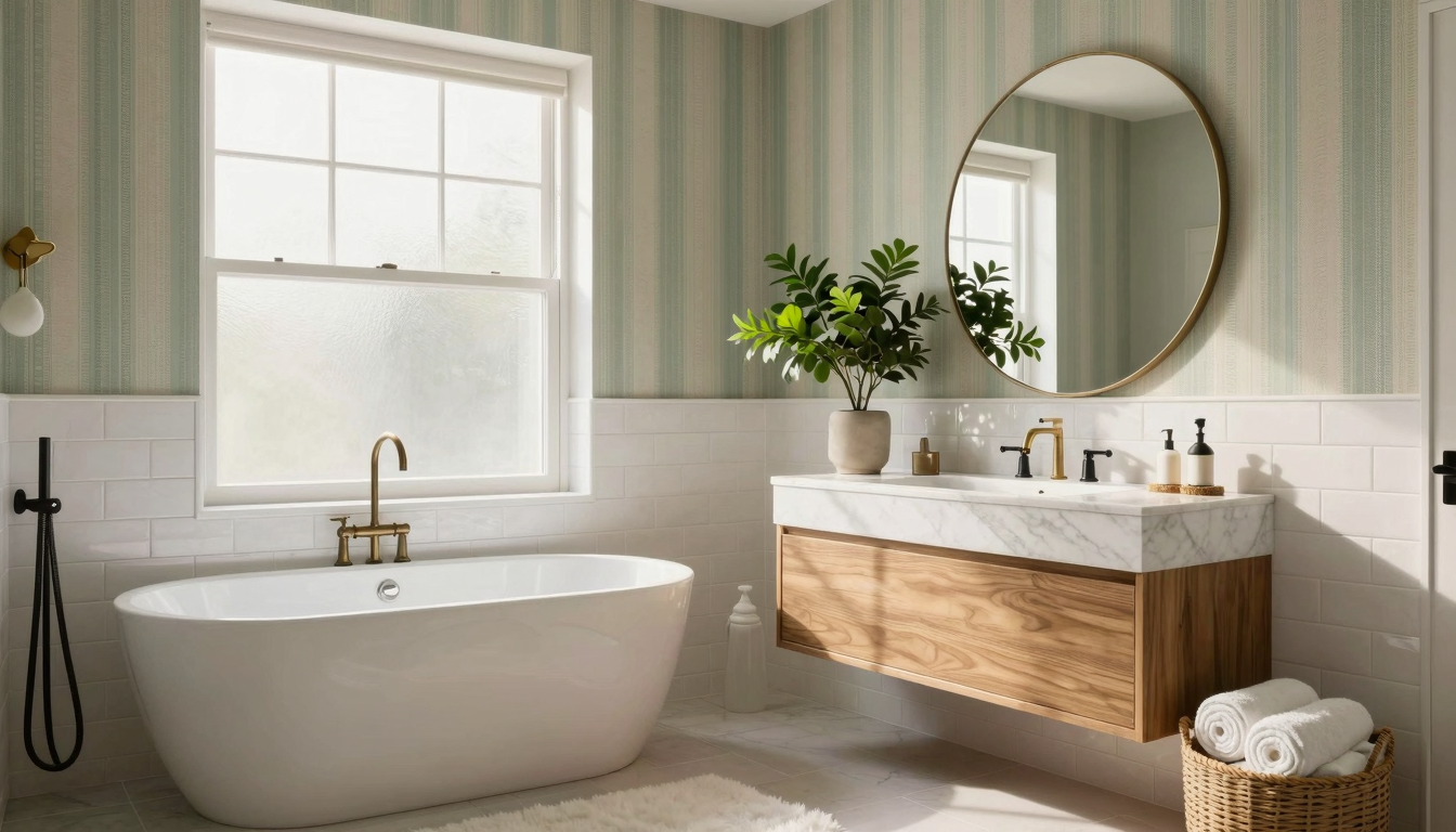 Modern organic bathroom with sage green striped wallpaper, marble vanity, and brass fixtures