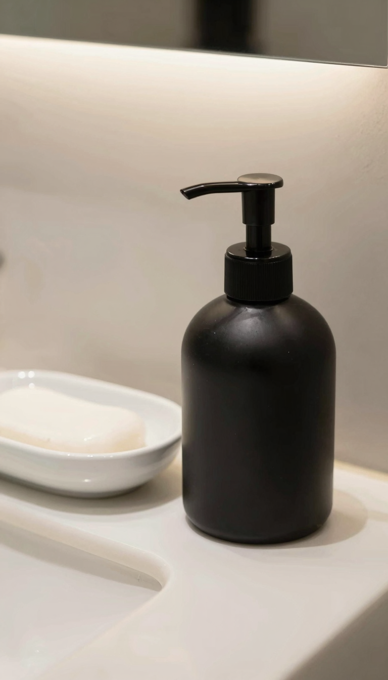 Minimalist soap dispenser in matte black finish on a bathroom counter