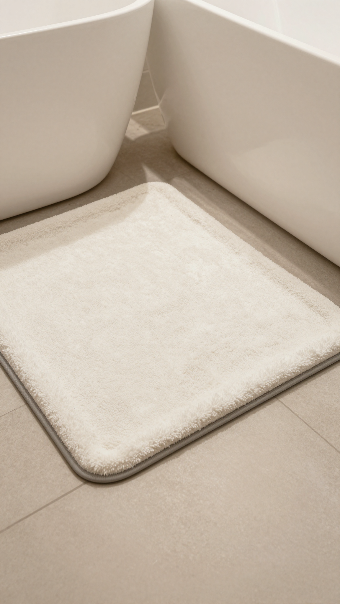 Plush memory foam bath mat in white with microfiber top layer on a bathroom floor