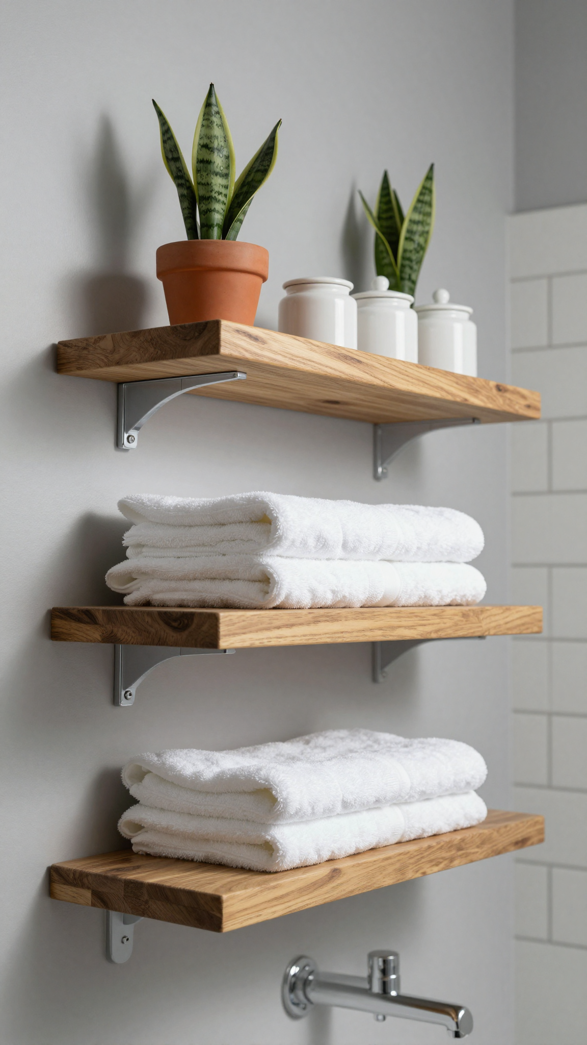 Floating wooden shelves with white towels and potted plants in a modern bathroom