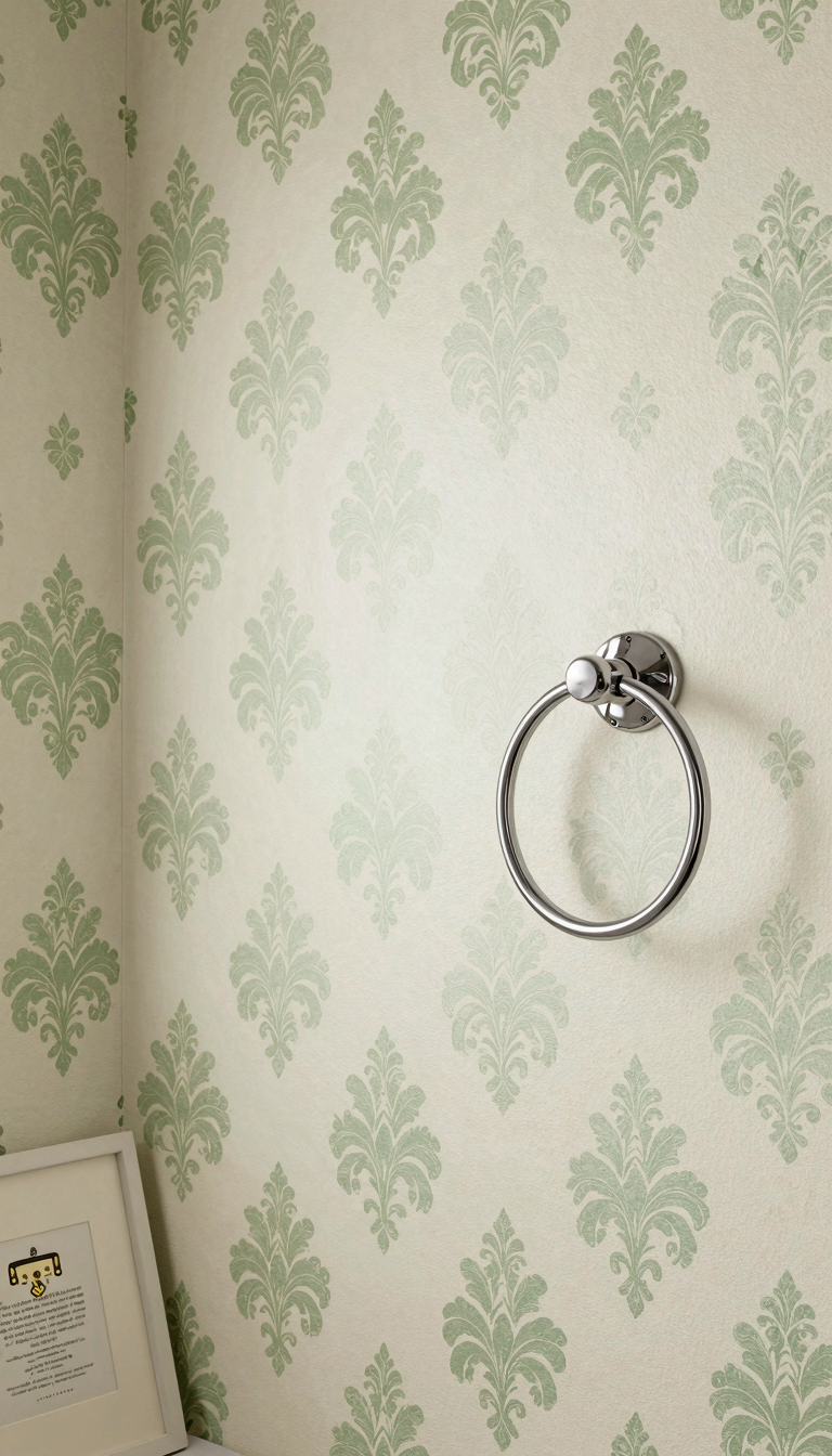 Peel-and-stick damask wallpaper in sage green and cream in a bathroom