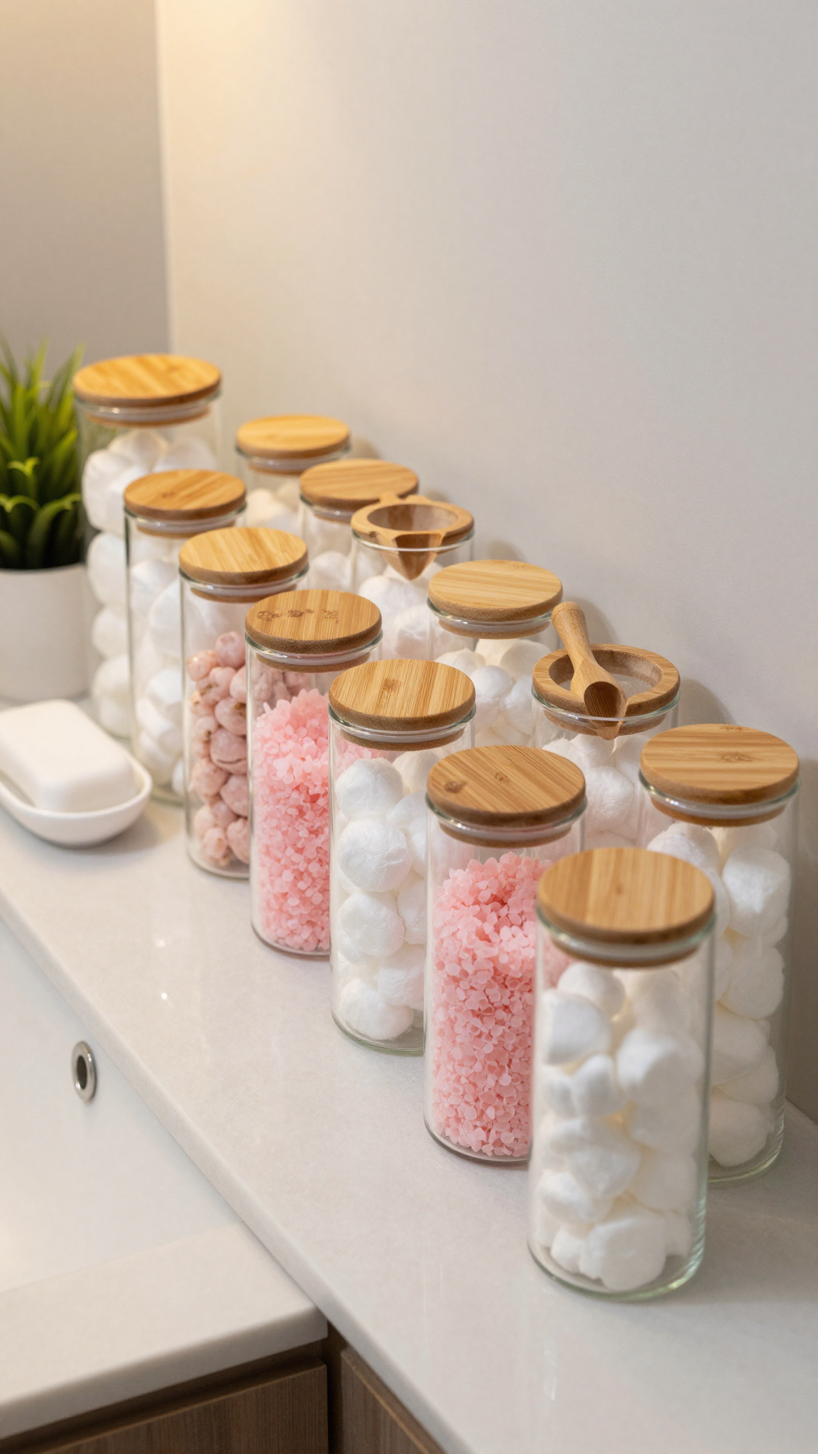 Clear glass jars with bamboo lids holding cotton balls and bath salts on a bathroom counter