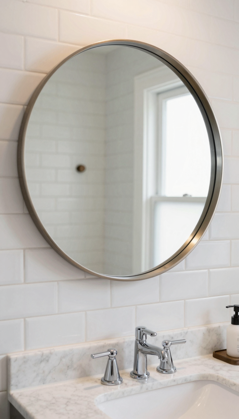 Large round mirror with brushed nickel frame above a white bathroom vanity