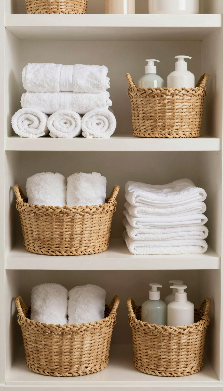Woven seagrass baskets holding rolled towels and toiletries on a bathroom shelf