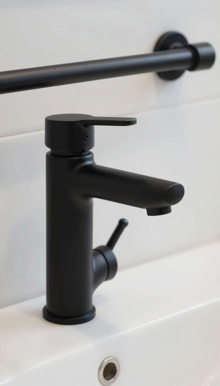 Matte black faucet and towel bar set against white subway tile