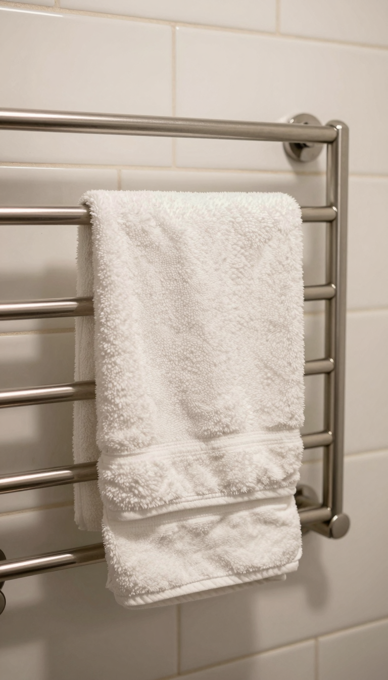 Wall-mounted heated towel warmer with stainless steel rail holding a white towel