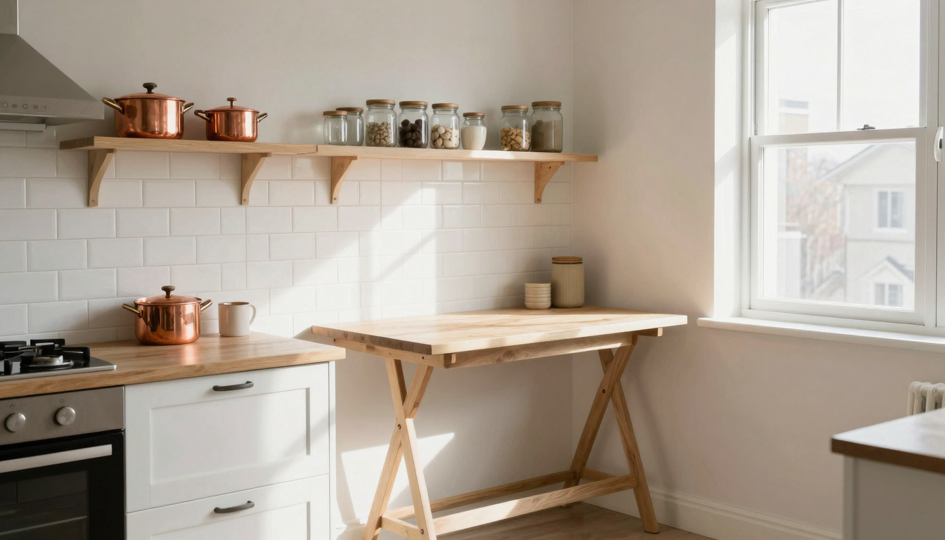 Air small kitchen with white subway tile, open shelving, and fold-down table in natural sunlight