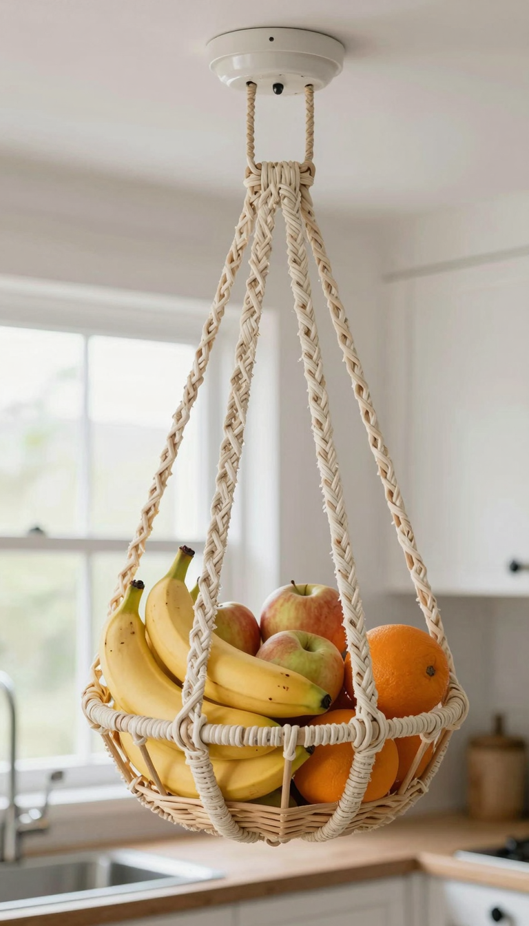 Woven rattan hanging fruit basket with fresh fruit
