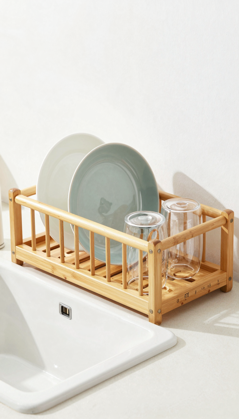Bamboo compact dish drying rack with tiered design