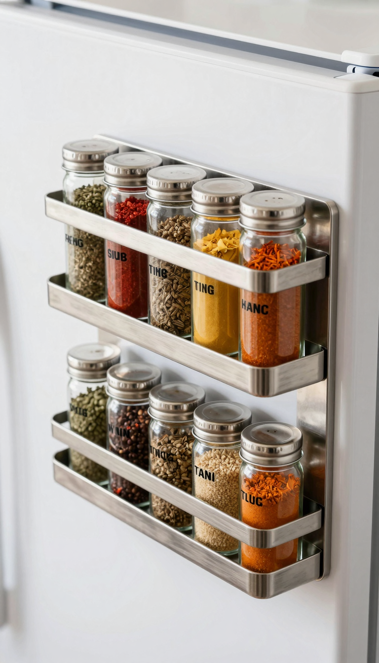 Stainless steel magnetic spice rack with glass jars on fridge