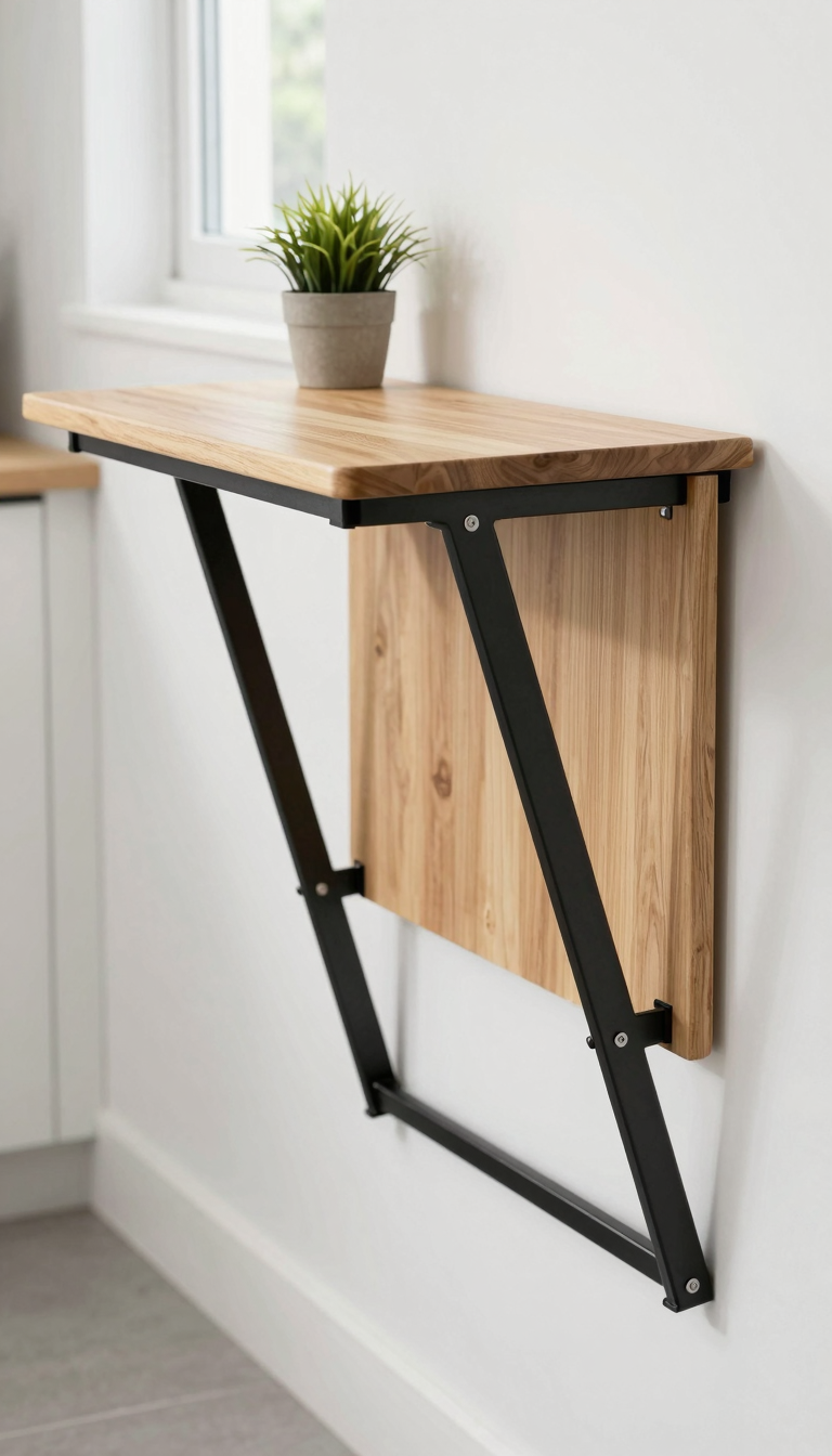 Fold-down wooden table mounted on wall in small kitchen