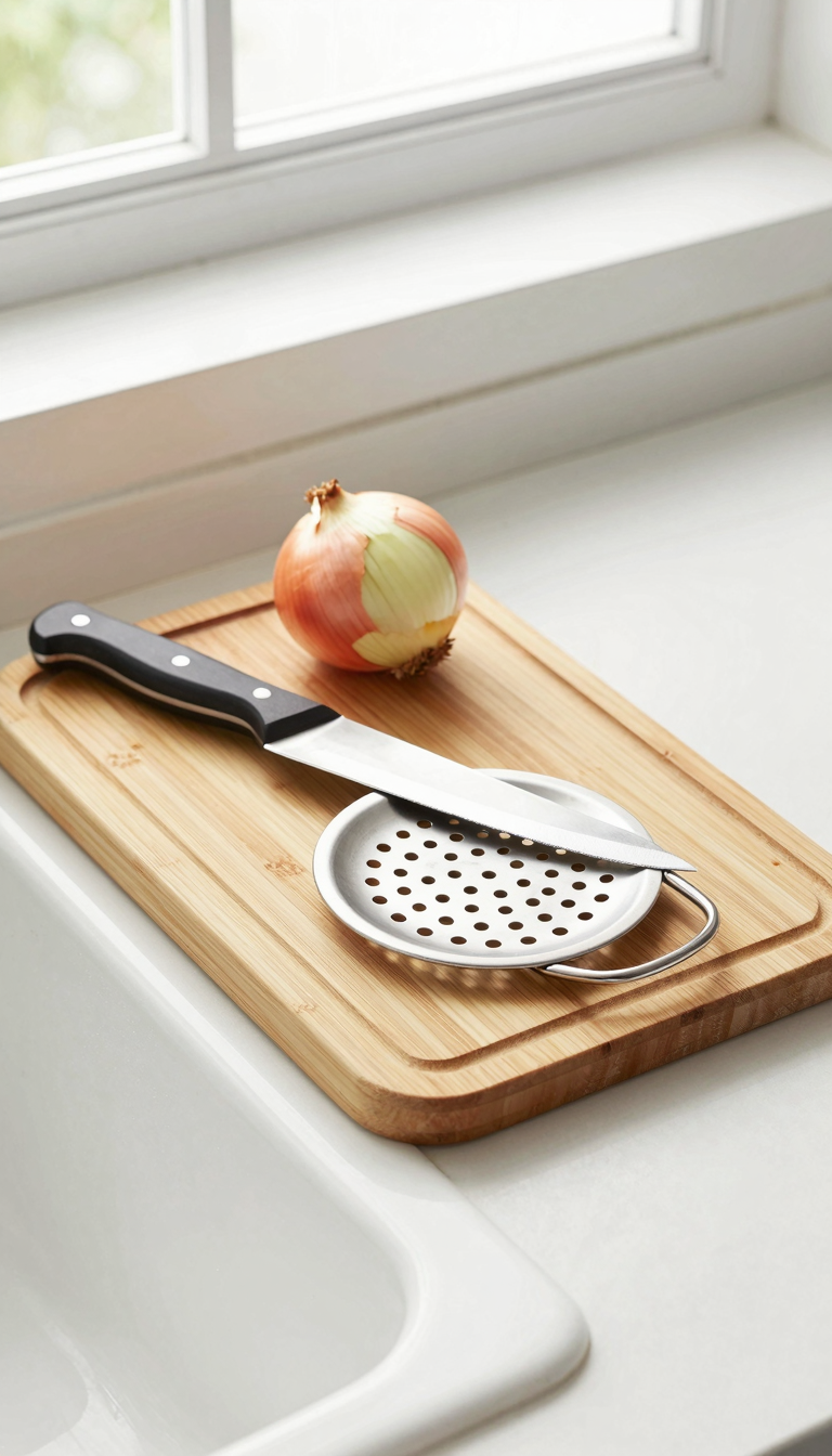 Bamboo cutting board with colander over kitchen sink