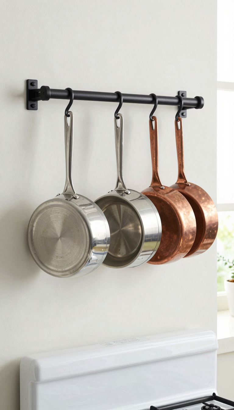 Black iron pot rack holding stainless steel cookware above stove