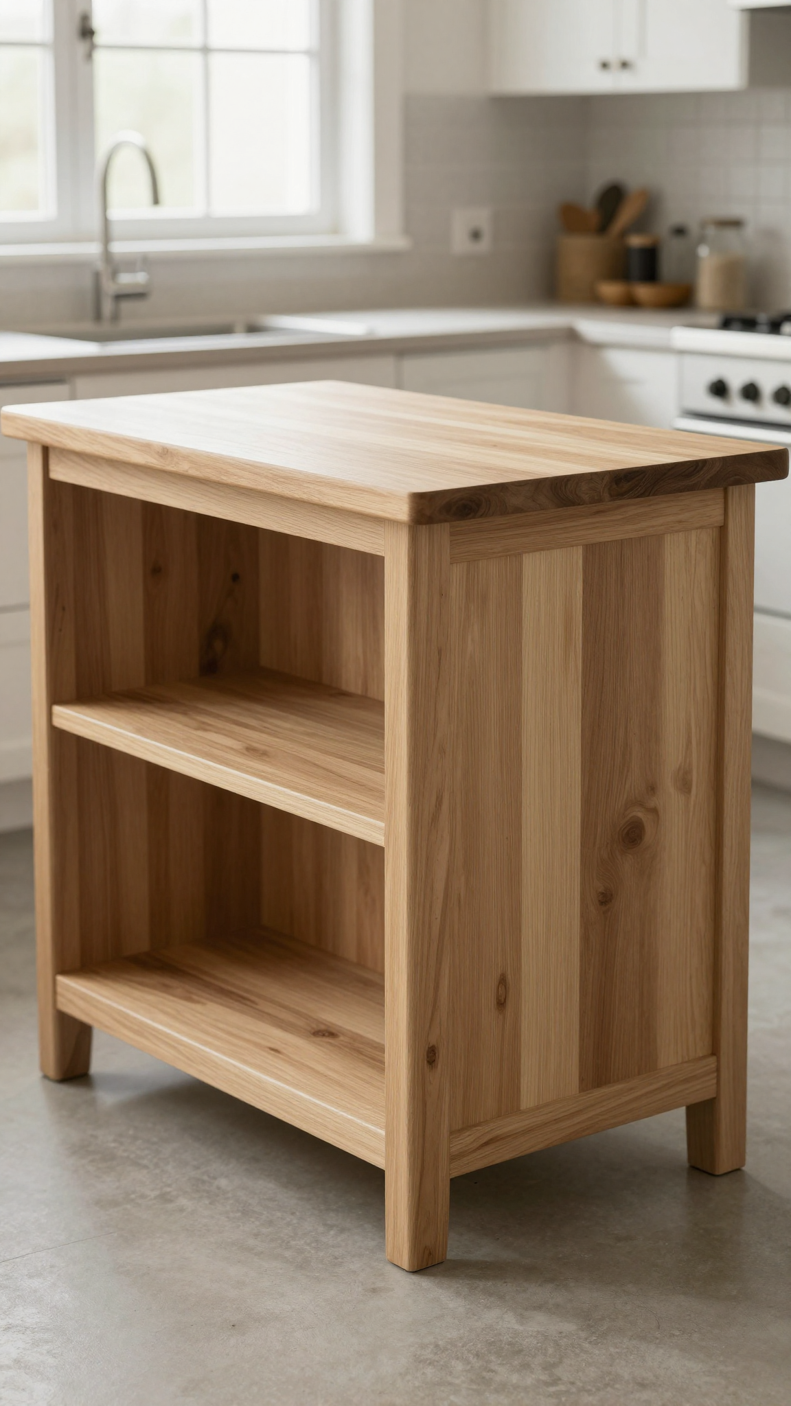 Rolling wooden kitchen island with butcher-block top