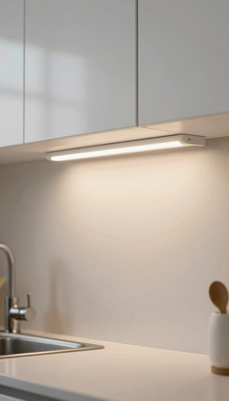 Warm white LED strip lights under kitchen cabinets