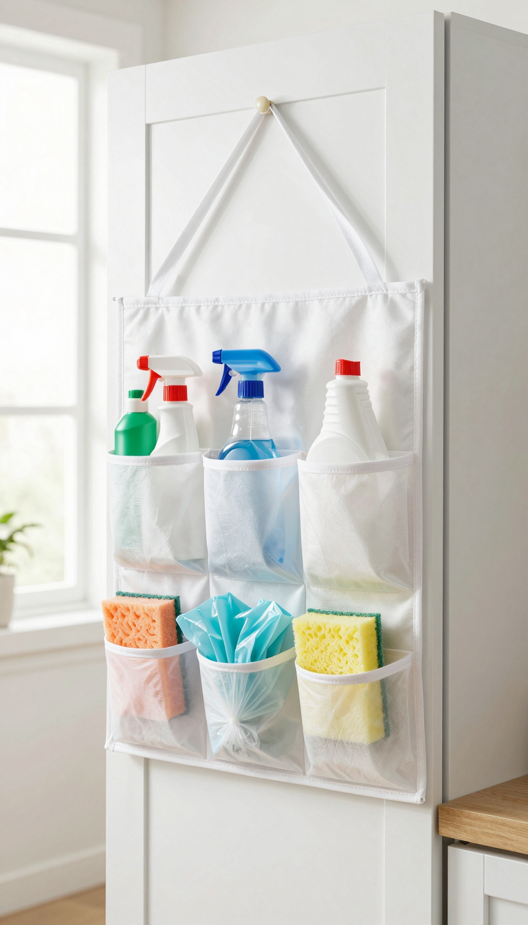 White fabric over-the-door organizer with cleaning supplies