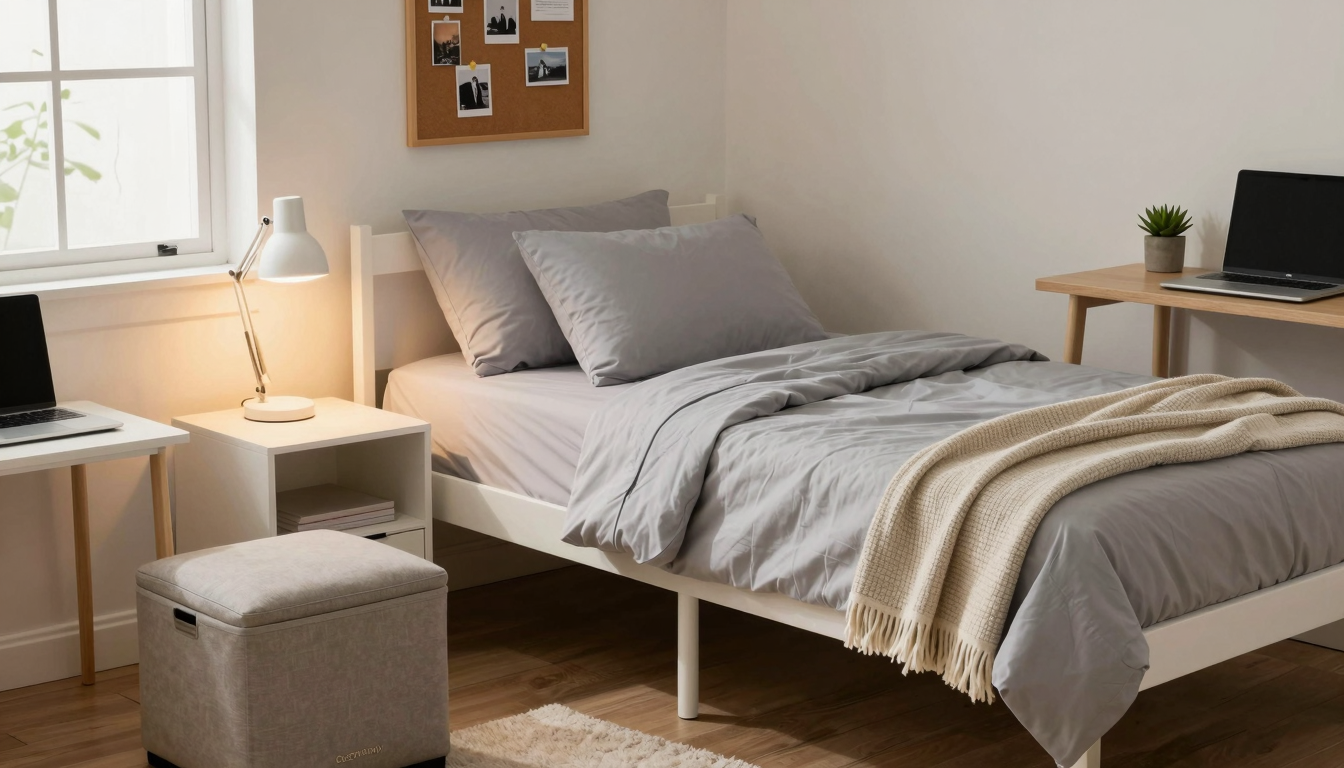 Cozy dorm room corner with twin XL bed, microfiber sheets, LED lamp, storage ottoman, and corkboard