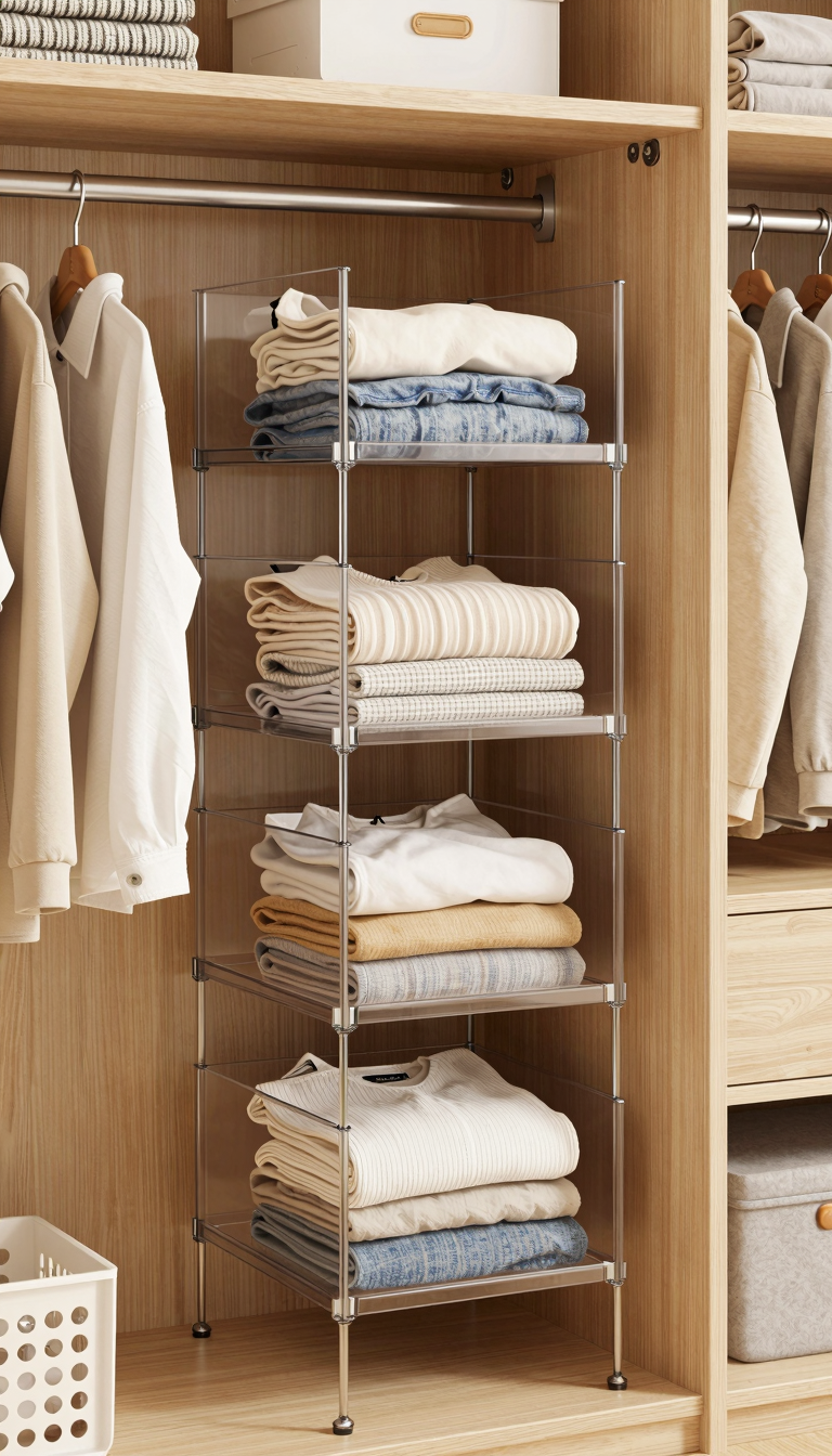 Metal closet organizer with clear shelves and hanging bars in dorm wardrobe