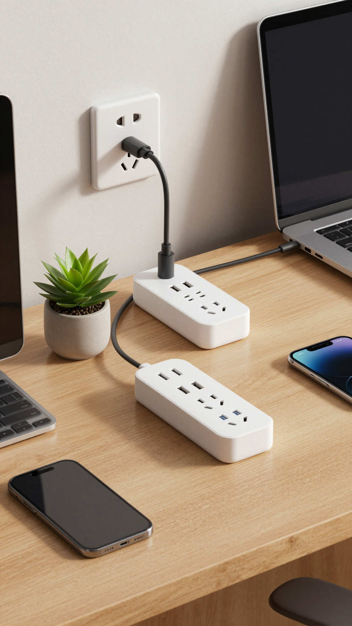Compact power strip with 6 outlets and 3 USB ports on dorm desk with laptop and phone
