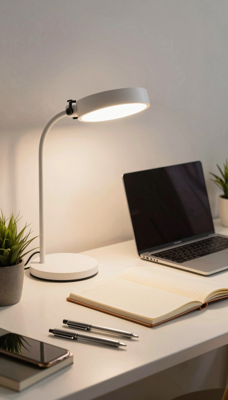 USB-powered LED desk lamp clamped to dorm desk with notebook and laptop