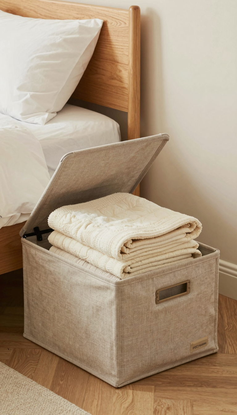 Foldable storage ottoman in linen holding folded blankets in dorm room