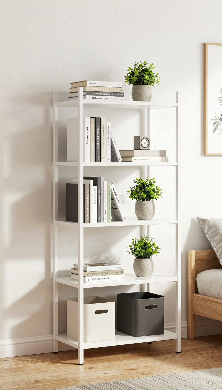 White 5-tier shelving unit in dorm room holding books, bins, and plant