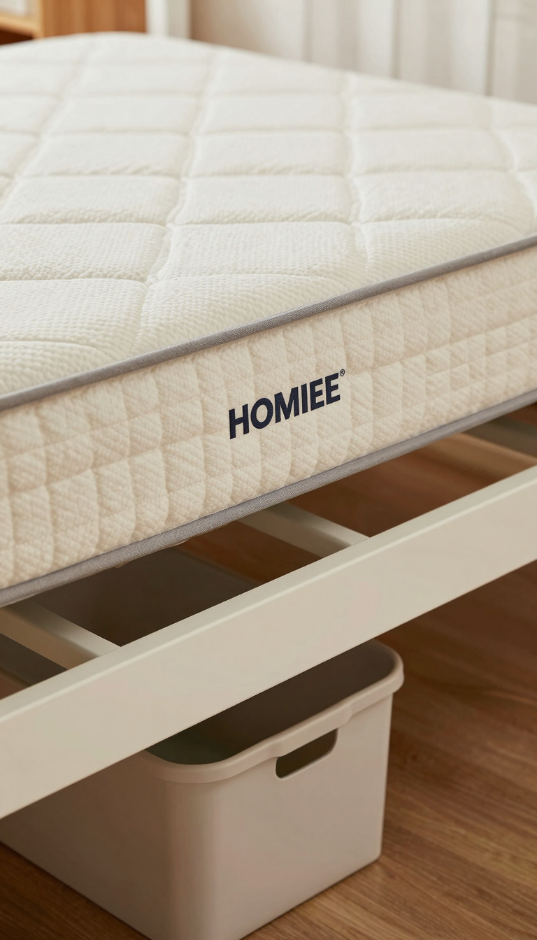 White bed risers under twin XL mattress with storage bin underneath